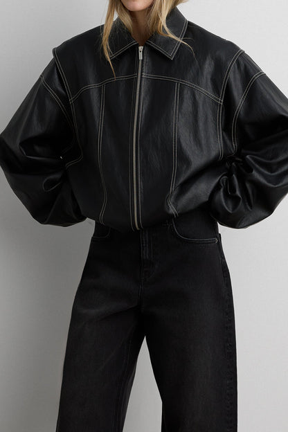 LAYERED DETAIL CONTRAST STITCH VEGAN LEATHER BOMBER