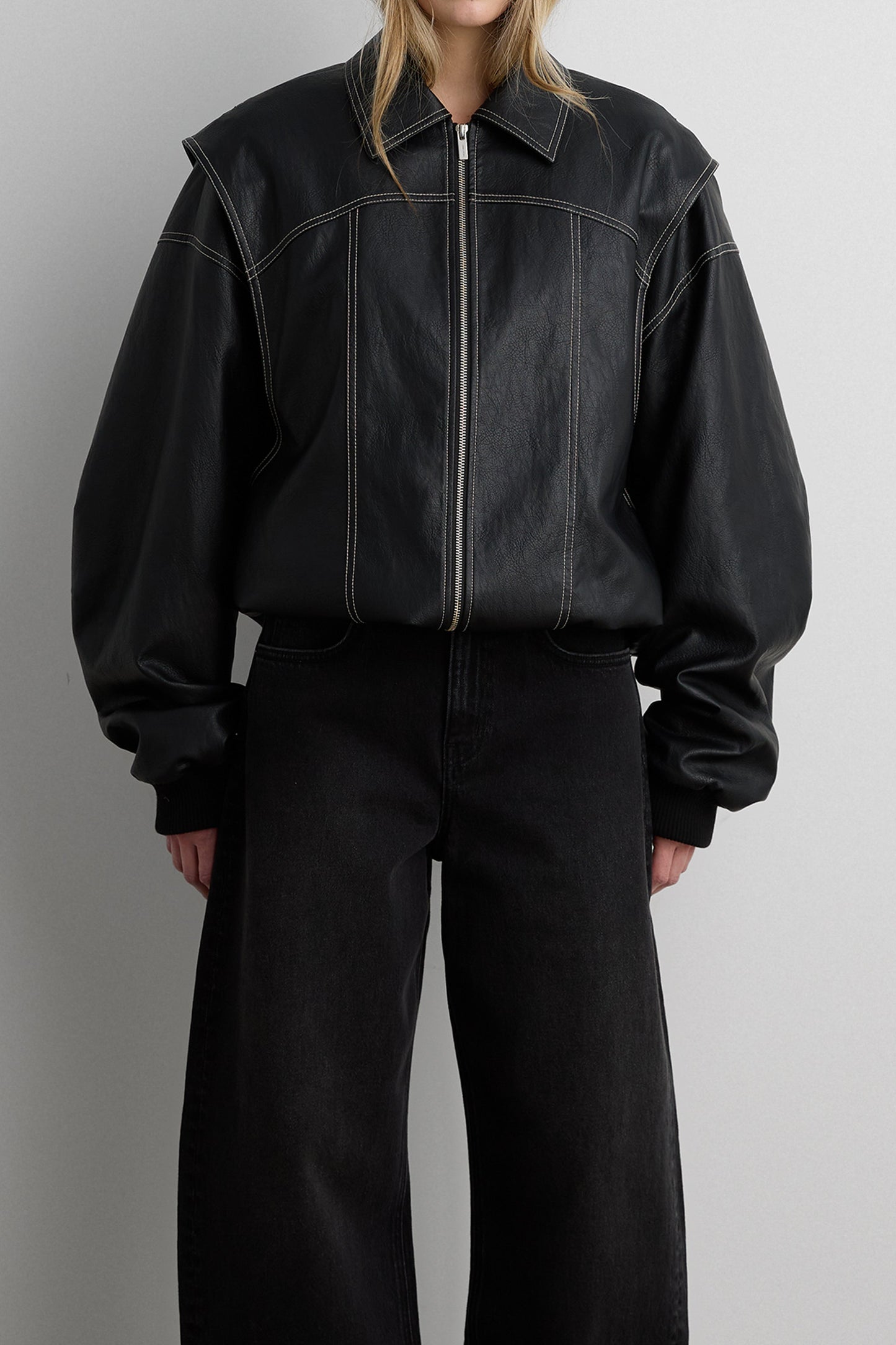 LAYERED DETAIL CONTRAST STITCH VEGAN LEATHER BOMBER