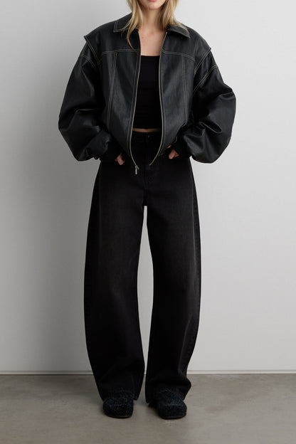 LAYERED DETAIL CONTRAST STITCH VEGAN LEATHER BOMBER