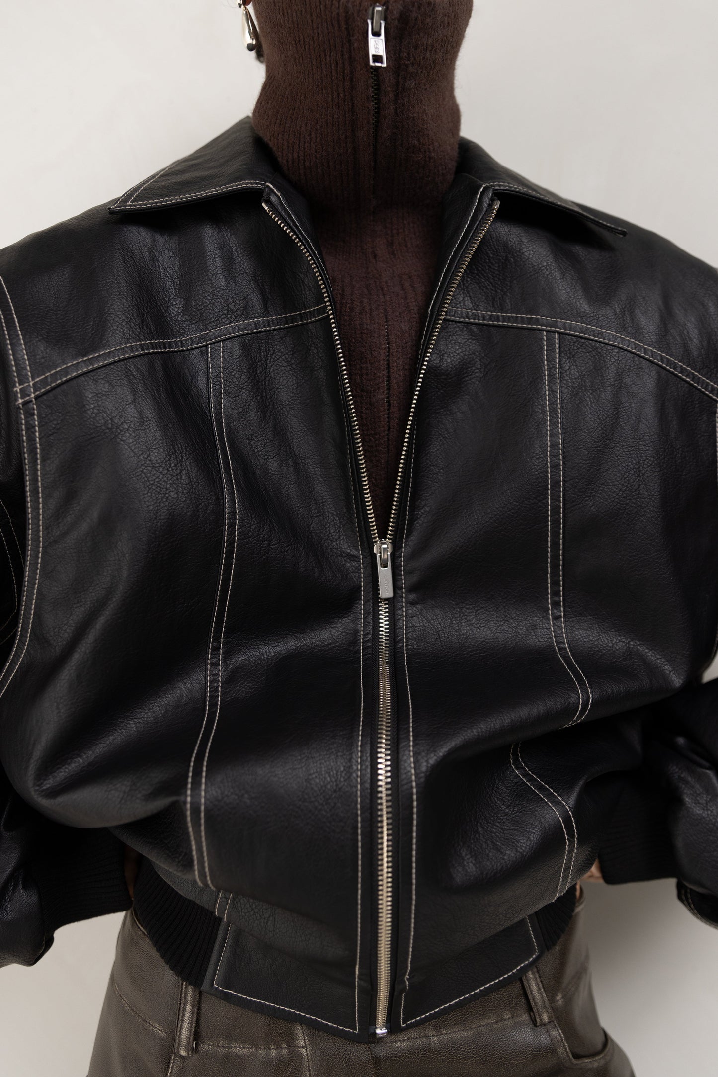 LAYERED DETAIL CONTRAST STITCH VEGAN LEATHER BOMBER