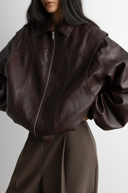 LAYERED DETAIL CONTRAST STITCH VEGAN LEATHER BOMBER