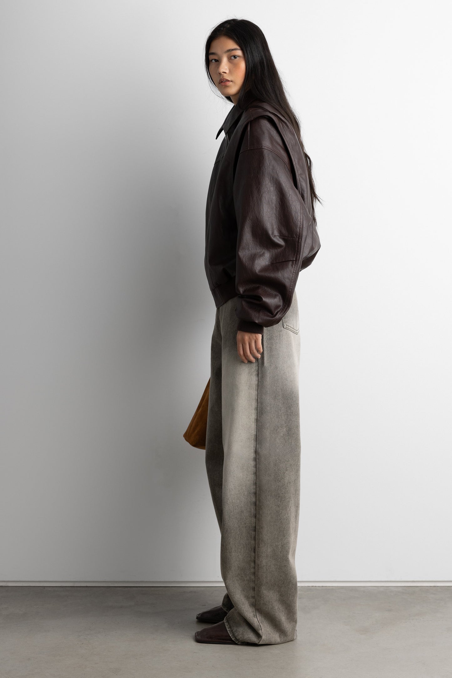 LAYERED DETAIL CONTRAST STITCH VEGAN LEATHER BOMBER