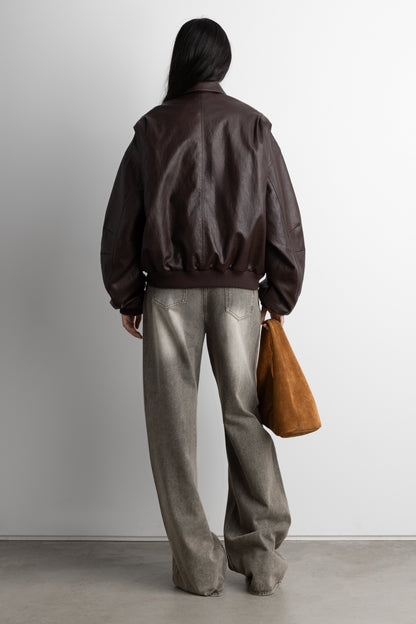 LAYERED DETAIL CONTRAST STITCH VEGAN LEATHER BOMBER