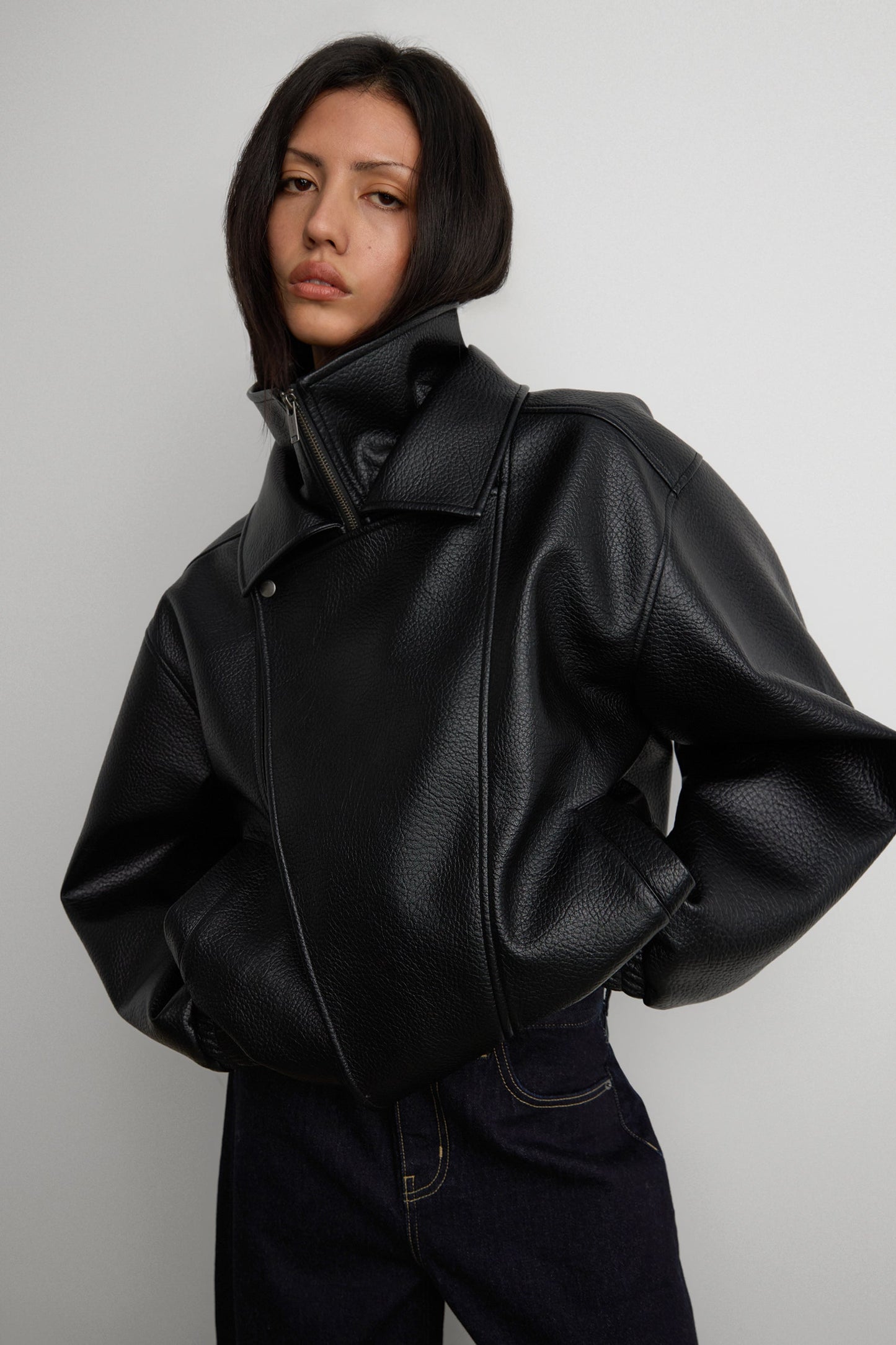 VEGAN LEATHER DOUBLE COLLAR BIKER JACKET