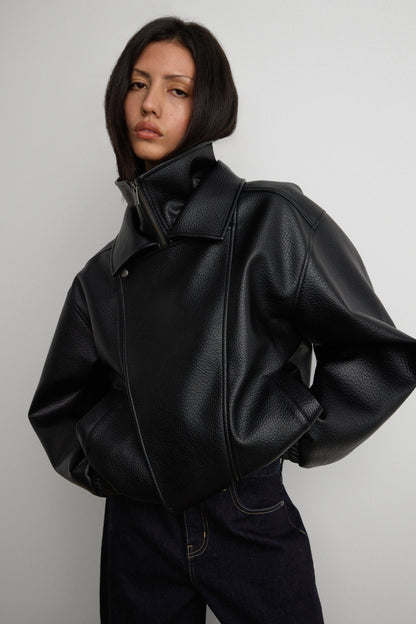 VEGAN LEATHER DOUBLE COLLAR BIKER JACKET