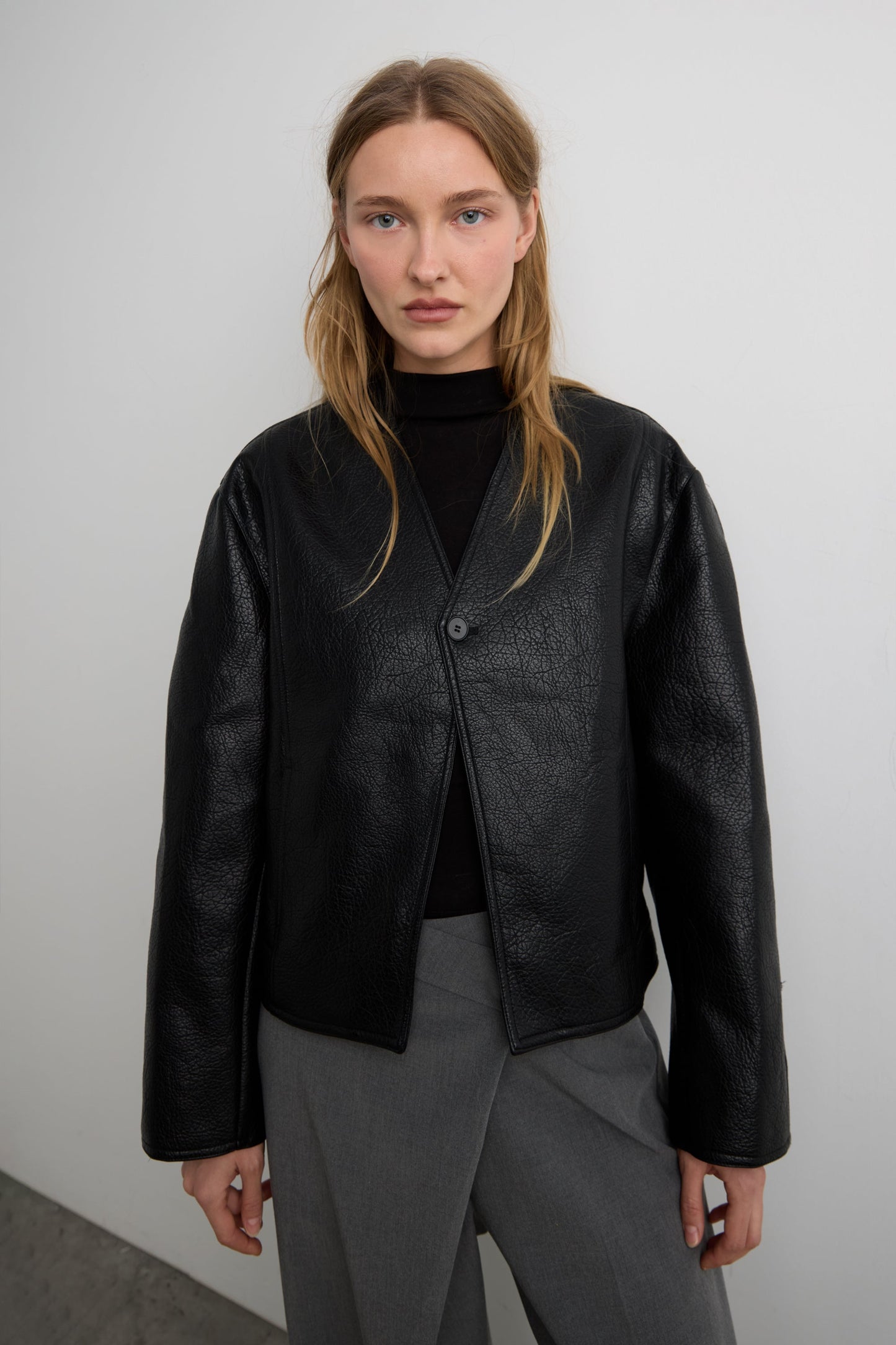 COLLARLESS VEGAN LEATHER JACKET