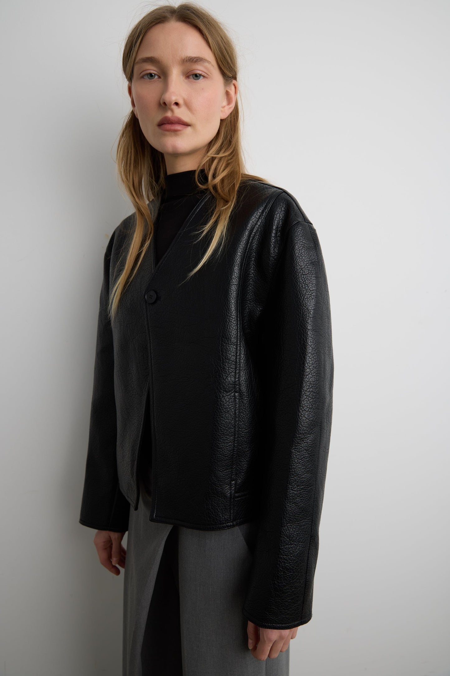 COLLARLESS VEGAN LEATHER JACKET
