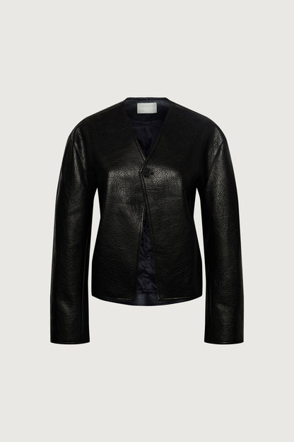 COLLARLESS VEGAN LEATHER JACKET