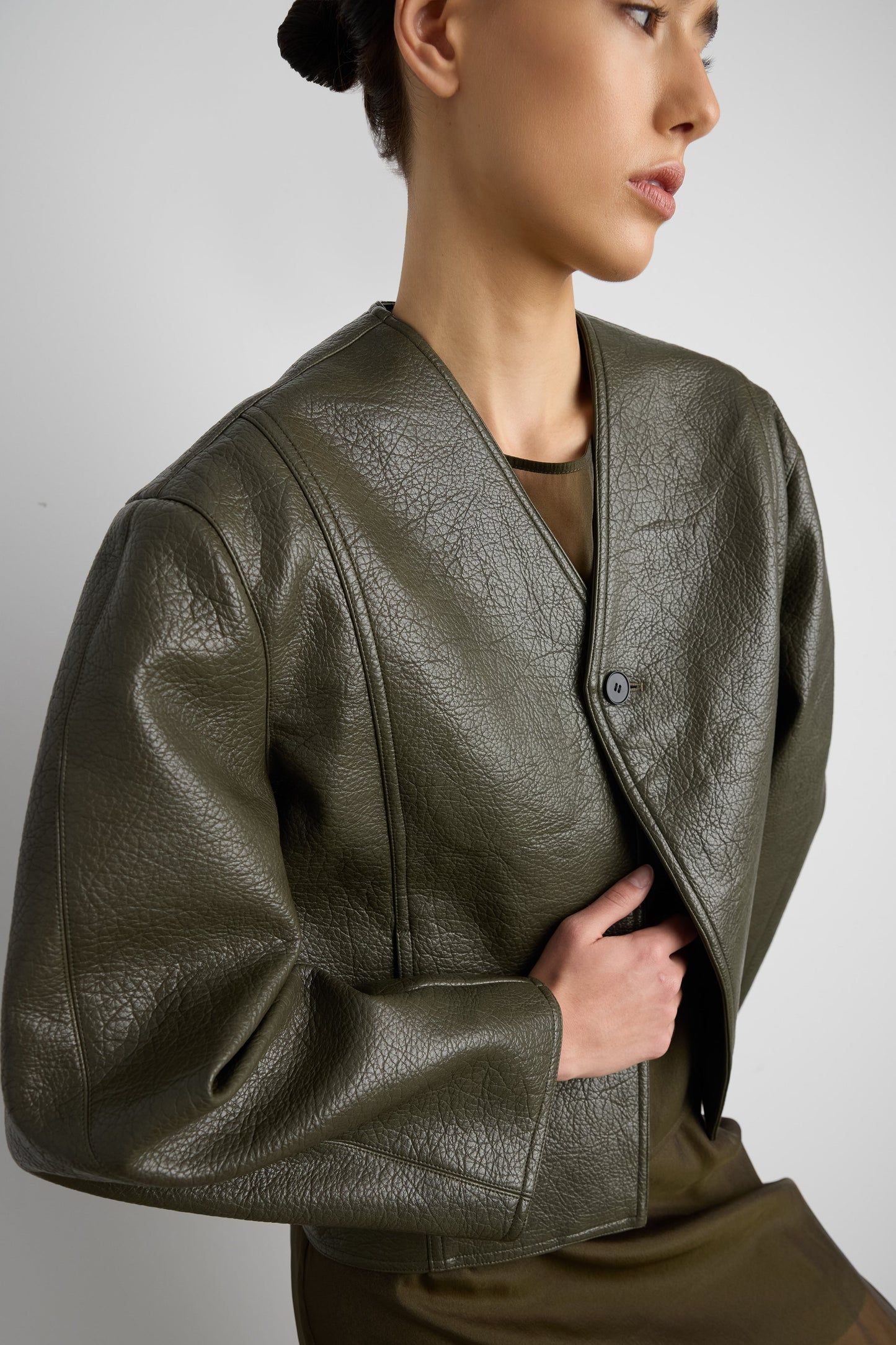 COLLARLESS VEGAN LEATHER JACKET