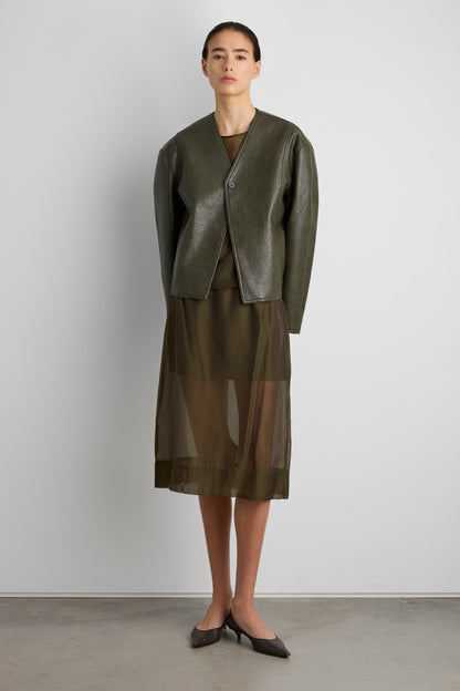 COLLARLESS VEGAN LEATHER JACKET