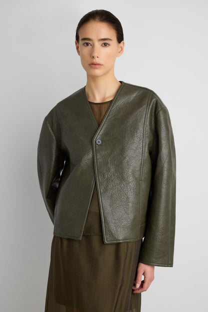 COLLARLESS VEGAN LEATHER JACKET