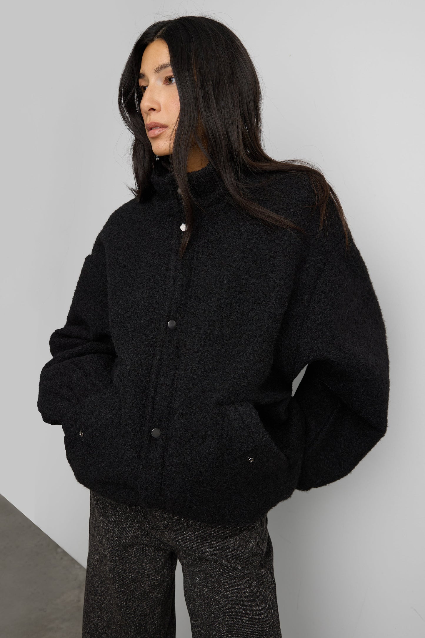 OVERSIZED BOUCLE JACKET WITH SNAP DETAIL