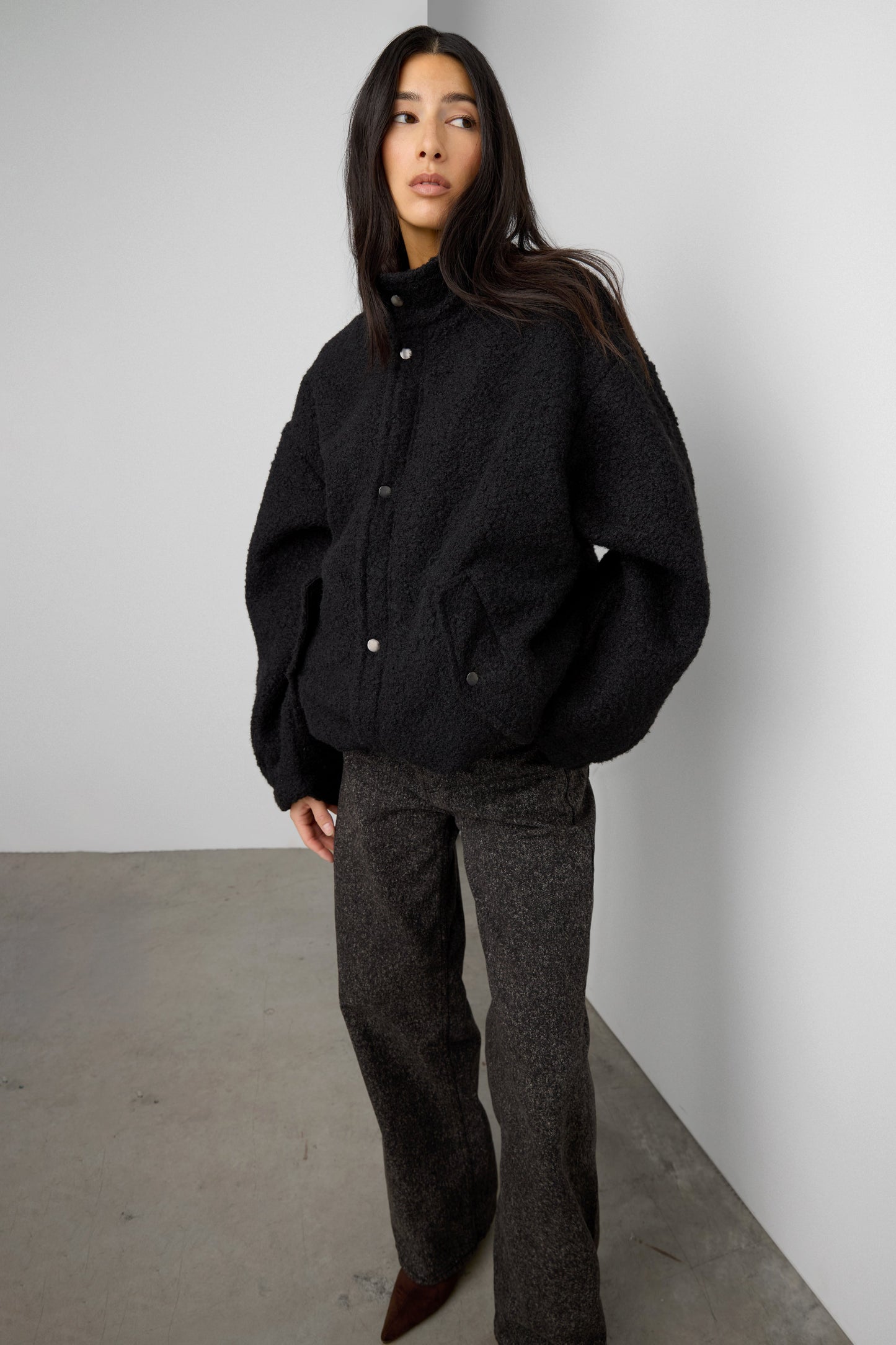 OVERSIZED BOUCLE JACKET WITH SNAP DETAIL