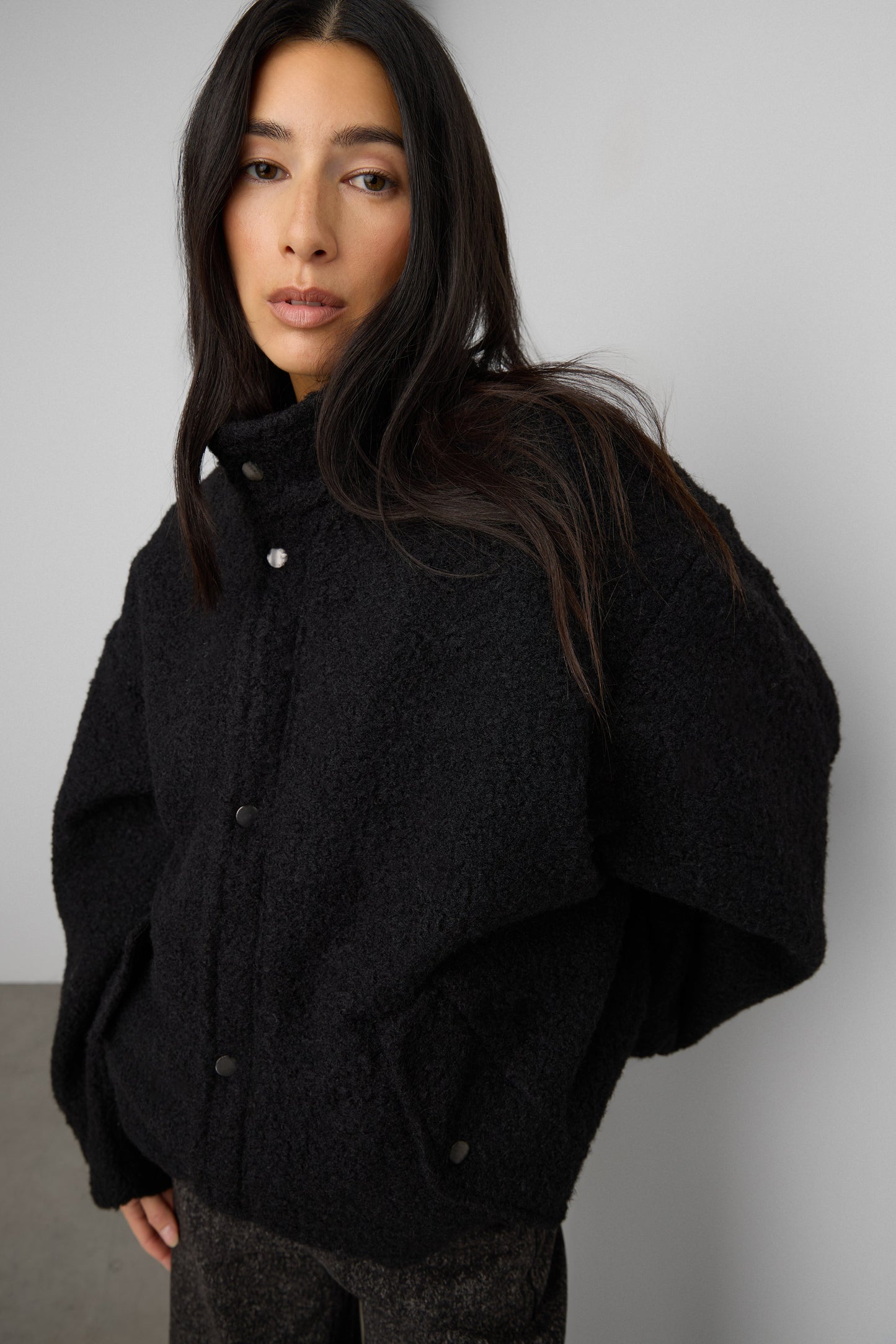 OVERSIZED BOUCLE JACKET WITH SNAP DETAIL