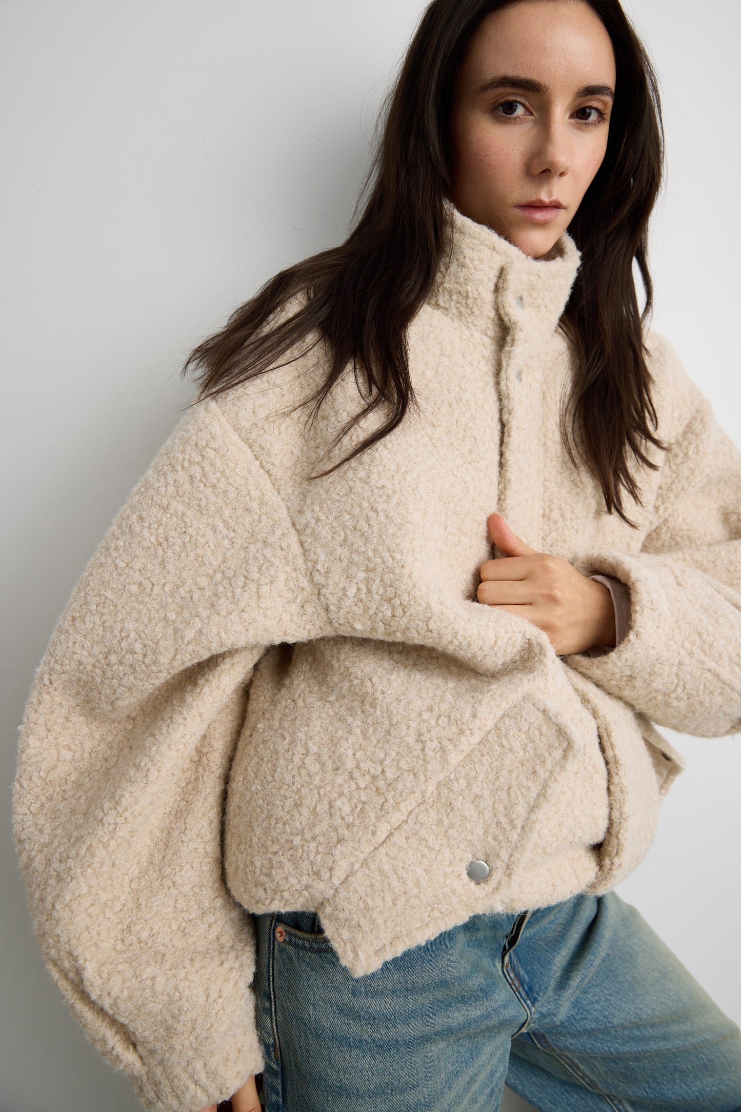 OVERSIZED BOUCLE JACKET WITH SNAP DETAIL