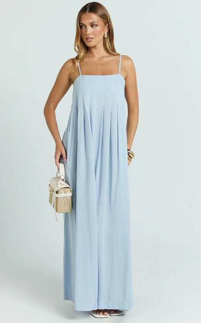 Cloe Midi Dress - Pleated Detail Dress in Blue