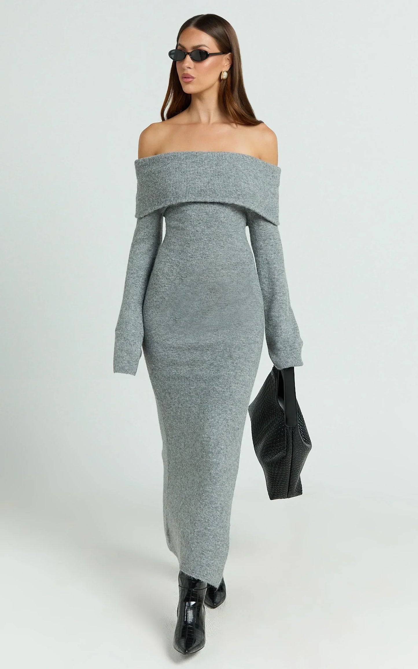 Darcie Midi Dress - Off Shoulder Knitted Long Sleeve Dress in Grey Marle