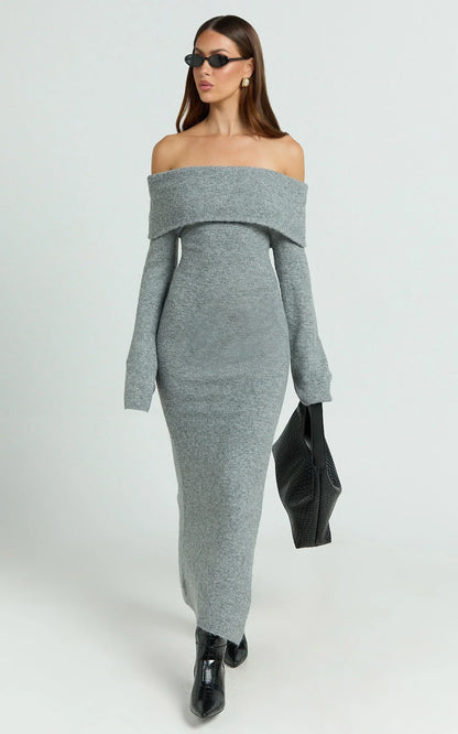 Darcie Midi Dress - Off Shoulder Knitted Long Sleeve Dress in Grey Marle