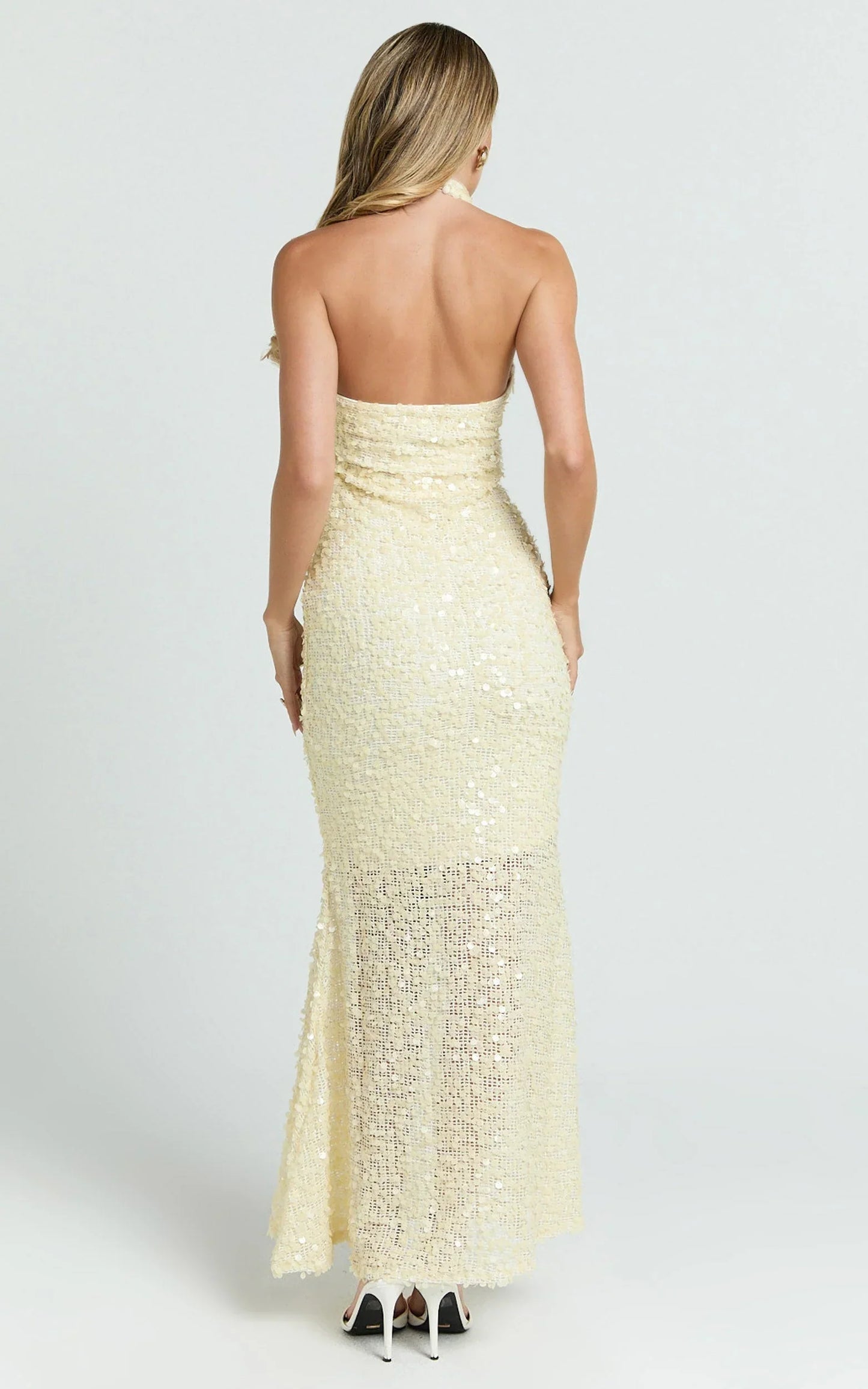 Celeste Maxi Dress - Sequin Halter Low Back Dress in Lemon