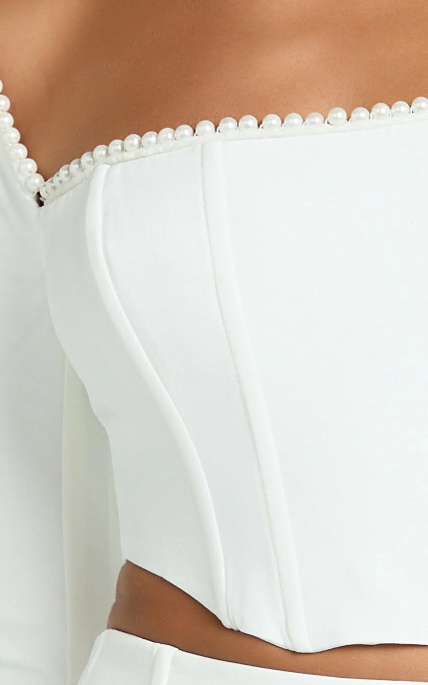 Clarissa Top - Square Neck Pearl Trim Long Sleeve Top in Off White