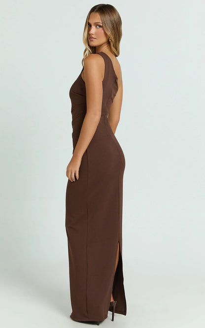 Criselda Maxi Dress - One Shoulder Maxi Dress in Chocolate