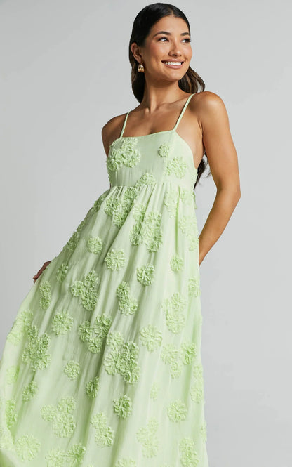 Claya Maxi Dress - Sleeveless Straight Neckline Floral Detail Dress in Lime