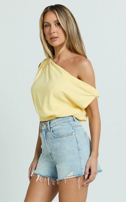 Collins Linen Blend Top - Draped Asymmetrical Neckline Top in Lemon