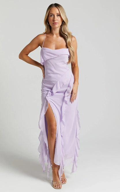 Connie Midi Dress - Ruffle Detail Dress in Lilac