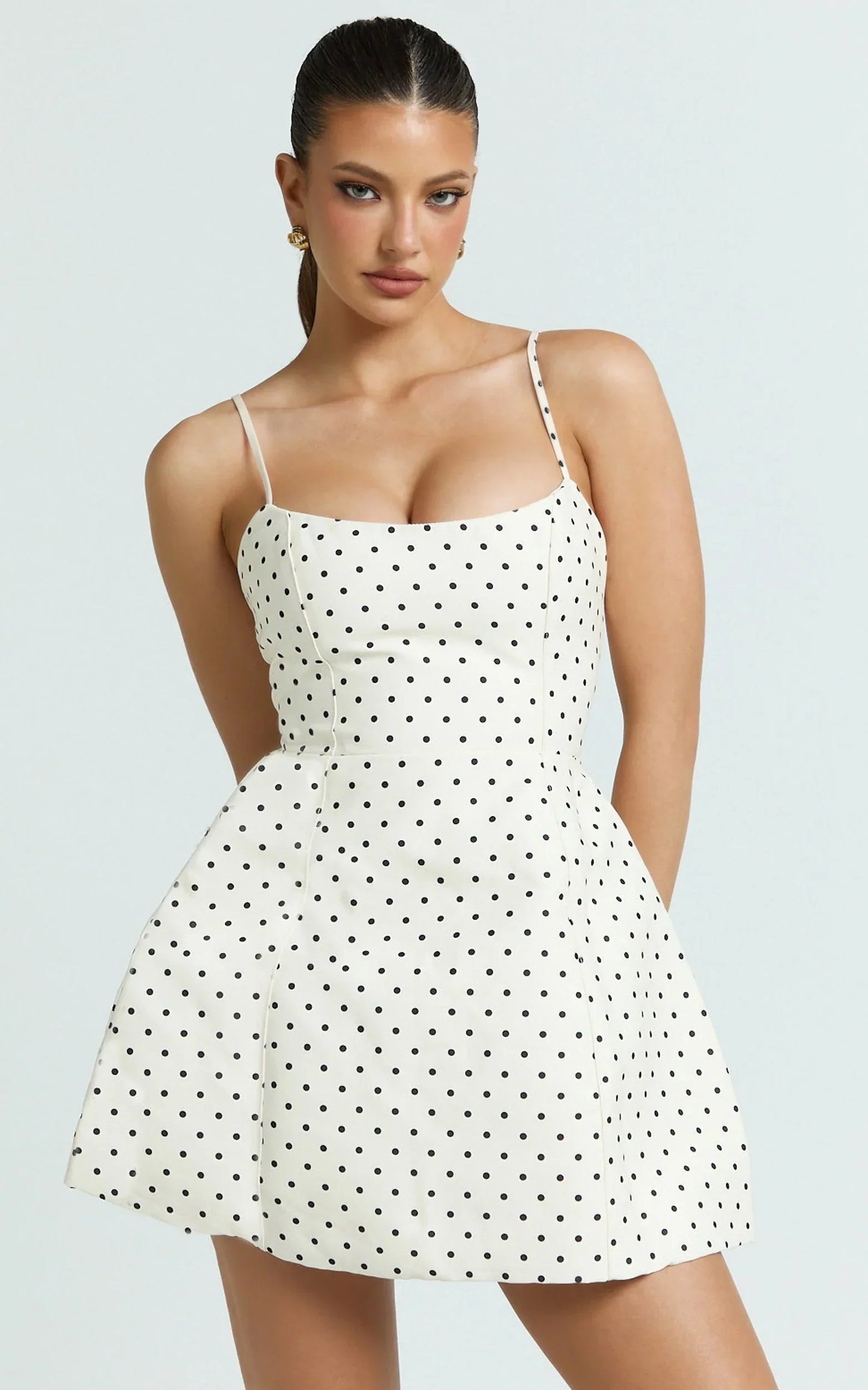 Carolina Mini Dress - Scoop Neck Panel Bodice Dress in White Polka Dot