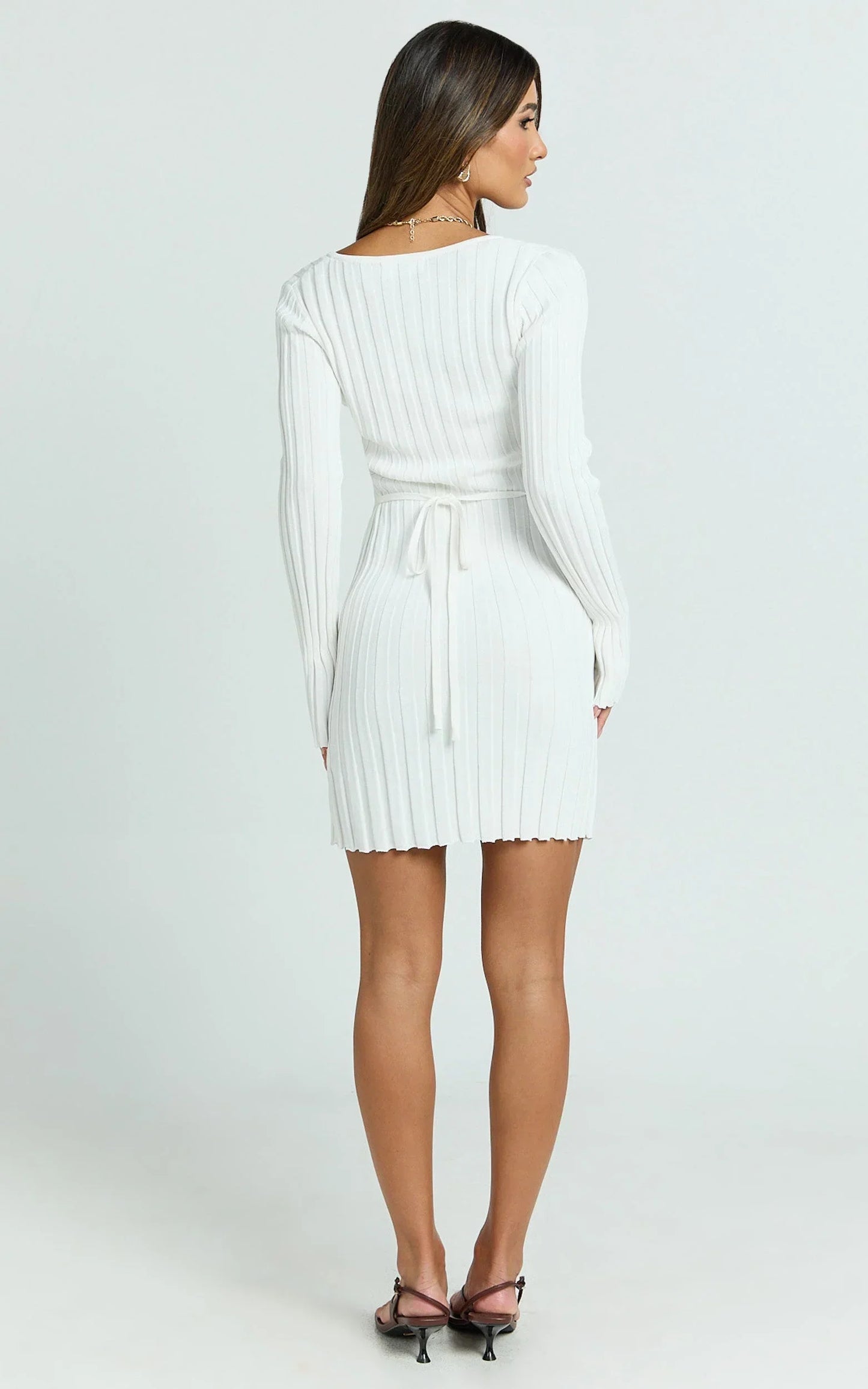 Carissa Mini Dress - V Neck Long Sleeve Knit Dress in White