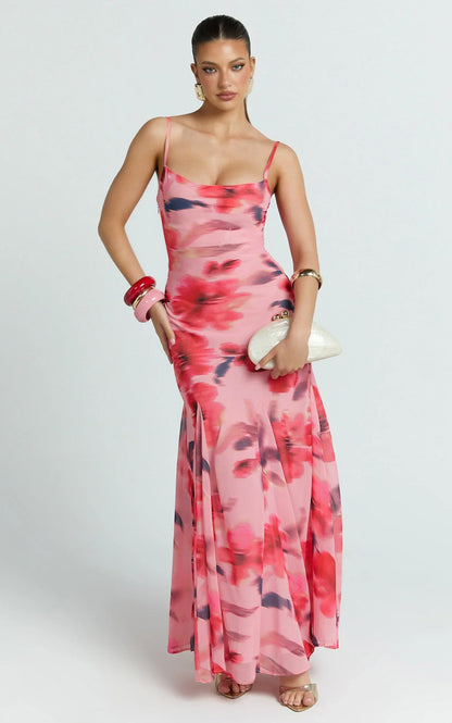 Claudia Maxi Dress - Floral Cowl Neck Godet Dress in Pink Floral