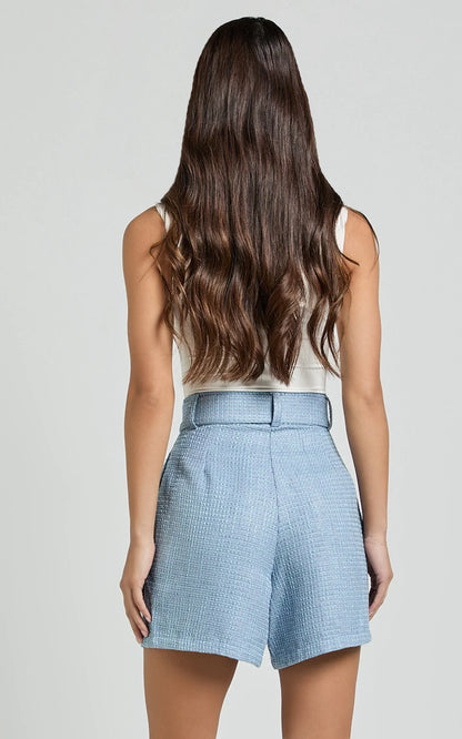 Delilah Shorts - High Waist Belted A Line Tweed Shorts in Blue