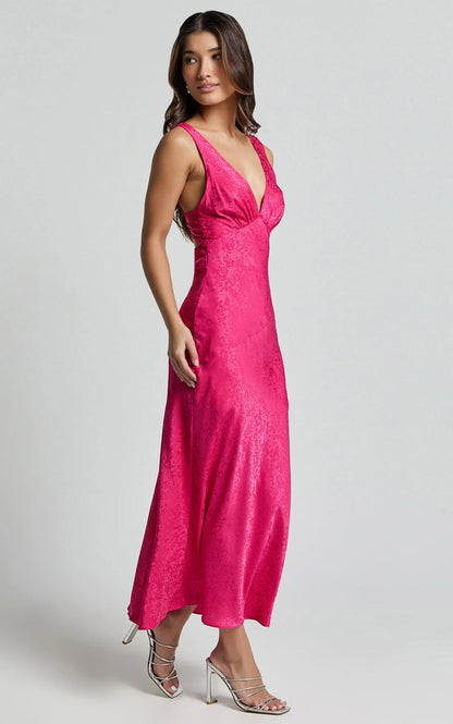 Cohen Midi Dress - Jacquard Satin Midi Dress in Pink