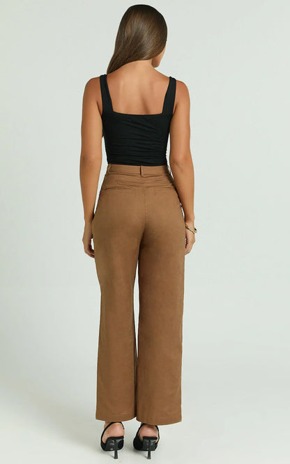 Celenia Linen Blend Pants - High Waisted Wide Leg Pants in Tobacco