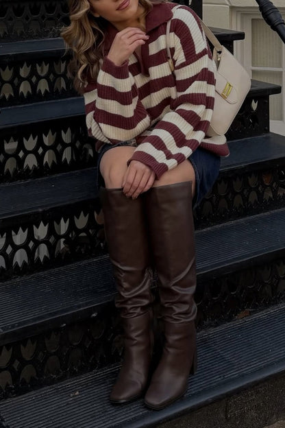 Daze Burgundy Stripe Polo Knit Sweater