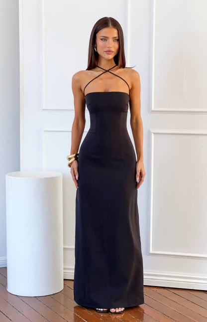 Del Mar Black Crepe Formal Maxi Dress