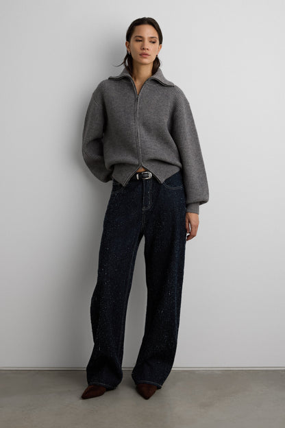 MID-RISE BARREL LEG BOUCLE TEXTURED JEAN