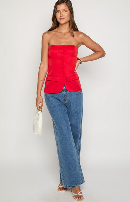 Dien Red Strapless Button Up Top