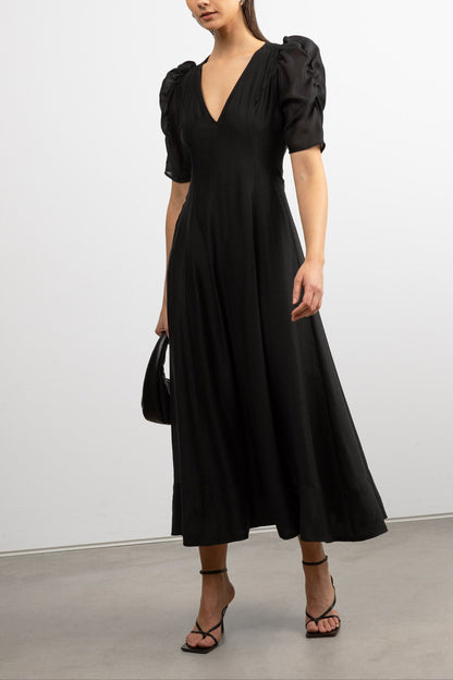 V-NECK PUFF SLEEVE MAXI DRESS