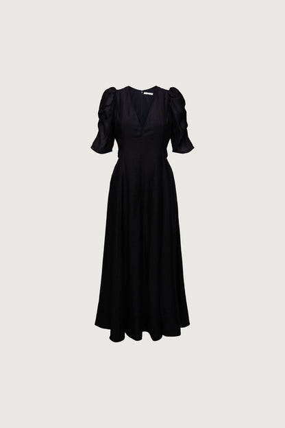 V-NECK PUFF SLEEVE MAXI DRESS