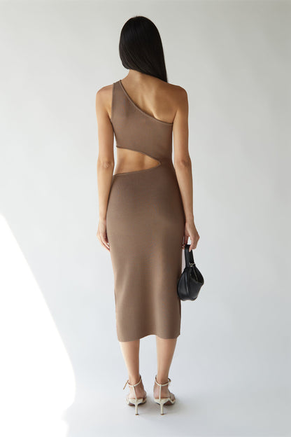 ONE SHOULDER KNIT MIDI DRESS WITH CUTOUT