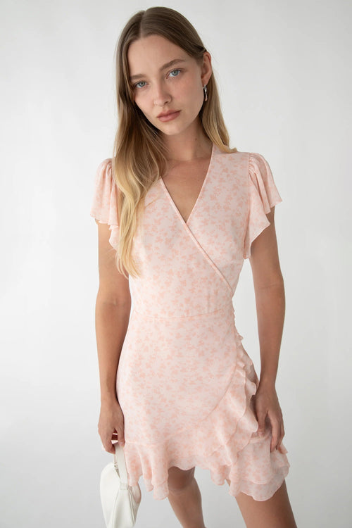 FLORAL WRAP MINI DRESS WITH RUFFLED HEM
