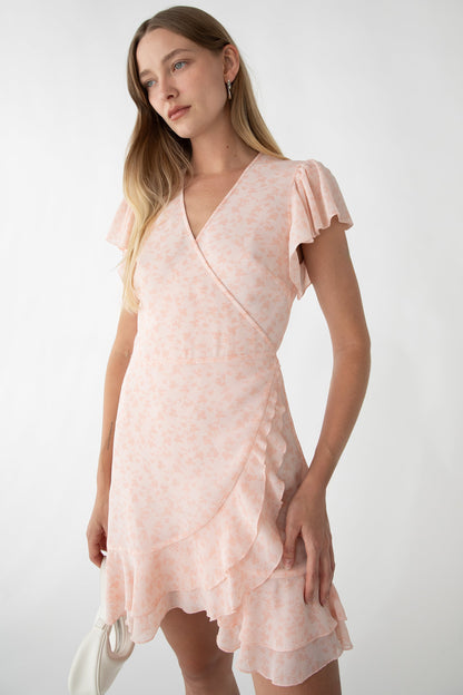 FLORAL WRAP MINI DRESS WITH RUFFLED HEM