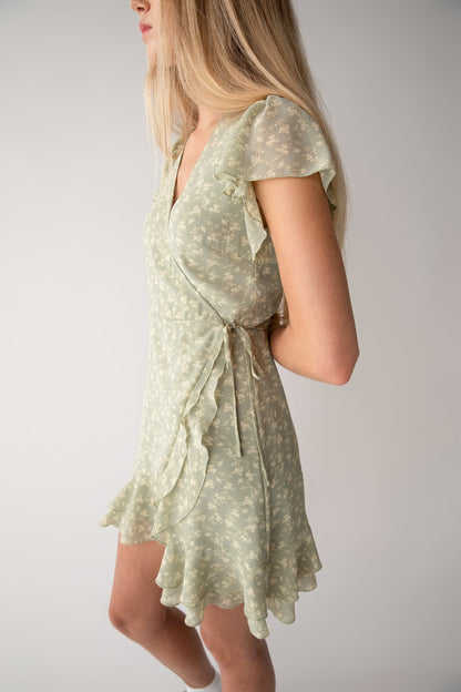 FLORAL WRAP MINI DRESS WITH RUFFLED HEM