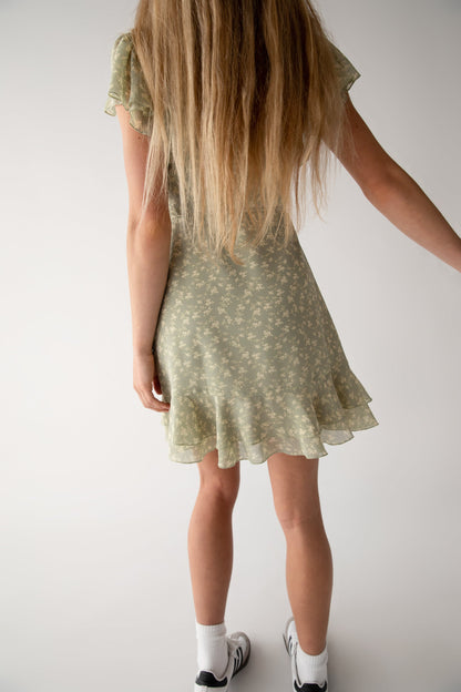 FLORAL WRAP MINI DRESS WITH RUFFLED HEM