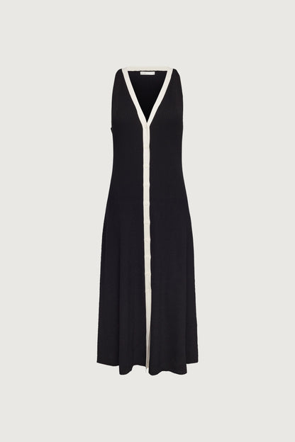 SLEEVELESS CONTRAST TRIM BUTTON FRONT MAXI DRESS