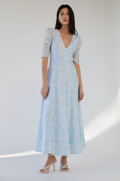 V-NECK PUFF SLEEVE FLORAL MAXI DRESS