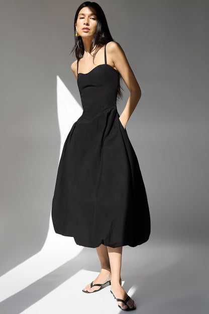 COTTON POPLIN V-WAIST BUBBLE HEM MIDI DRESS