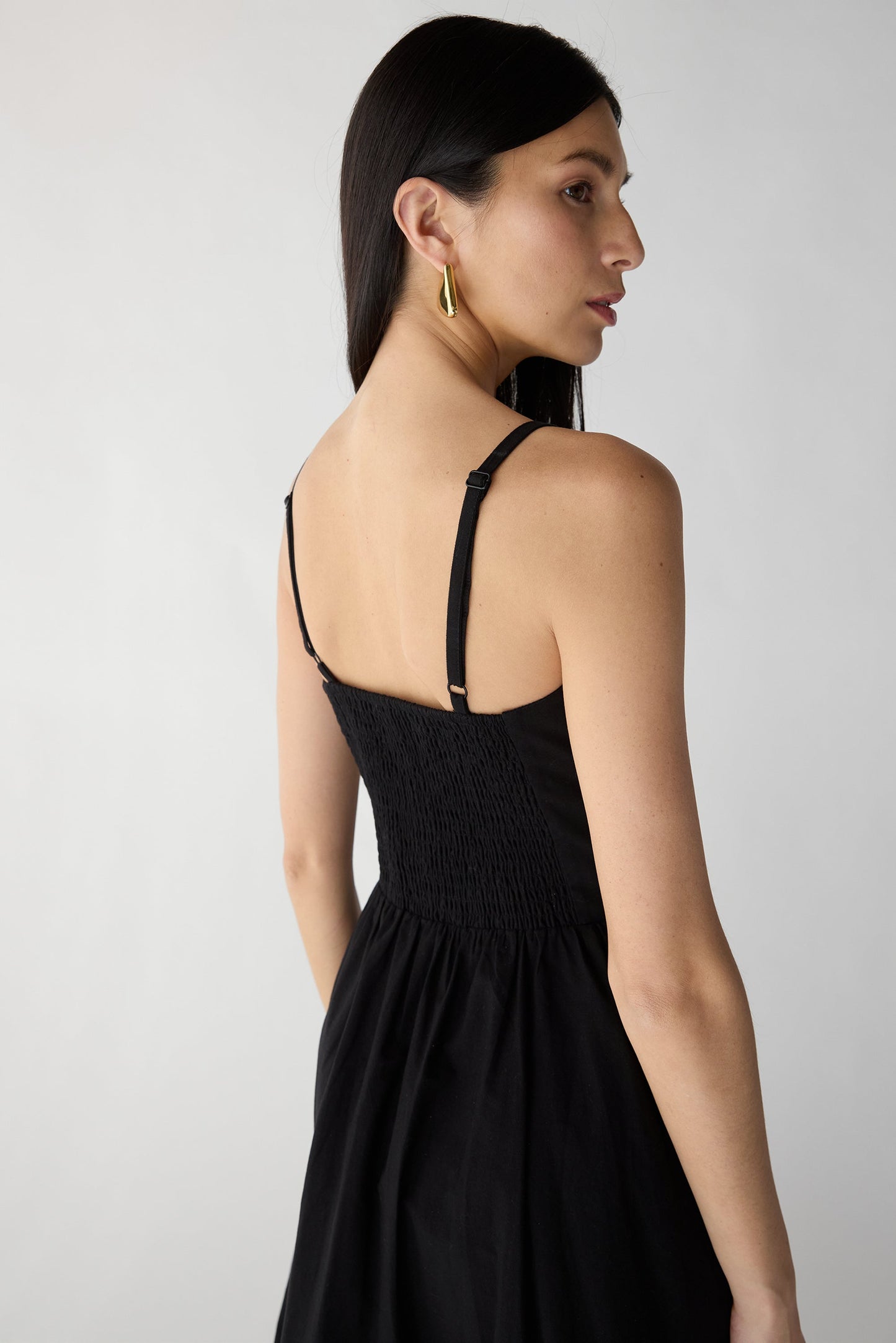 COTTON POPLIN V-WAIST BUBBLE HEM MIDI DRESS