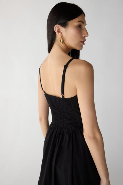 COTTON POPLIN V-WAIST BUBBLE HEM MIDI DRESS